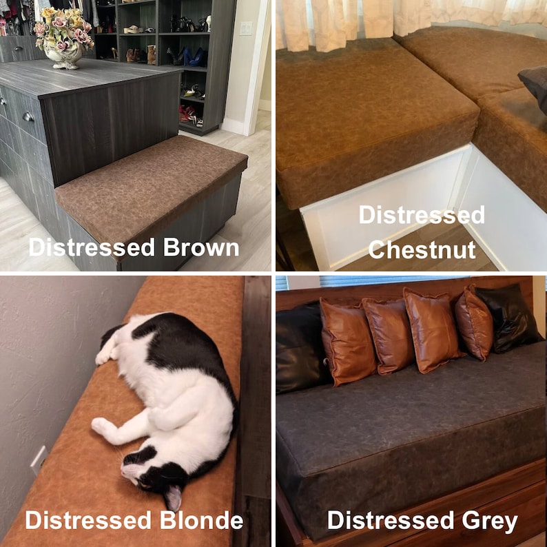 May include: Four different colors of distressed faux leather upholstery fabric swatches. The colors are distressed brown, distressed chestnut, distressed blonde, and distressed grey.