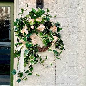 Summer peony door wreath,cottage style floral wreath,Mother’s Day gift,home decor gift idea,grandmillennial decor,elegant wreath,wall decor