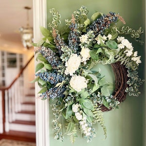 Large Spring/Summer door wreath,white peony blueberry wreath,housewarming gift,elegant year round wreath,entryway porch decor,wedding gift