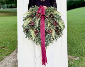 Fall Wreath With Faux Ruscus, Berries & Velvet Ribbon, Autumn Door Decor, Winter Wreath For Front Door, Christmas Wreath, Thanksgiving Decor