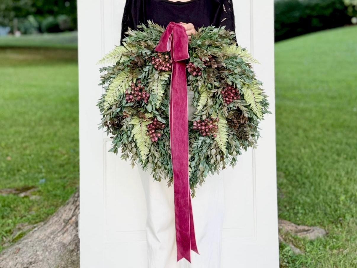 Fall Wreath with Faux Ruscus, Berries & Velvet Ribbon