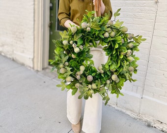 Corona de vegetación de hojas de higo y laurel, decoración de puertas durante todo el año, decoración de la pared de la cocina, corona de primavera, corona elegante, regalo de bienvenida, corona de frutas