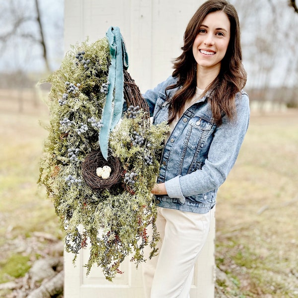 Bird nest wreath,rustic Spring door wreath,Spring home decor,Easter wreath,blueberry wreath,Spring door hanger,farmhouse wreath,porch decor