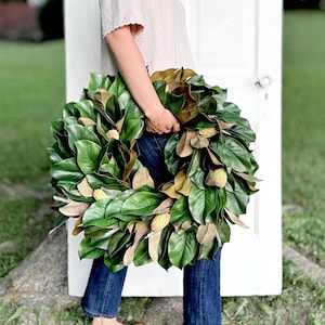 Faux Magnolia Wreath for Front Door, Greenery Wreath, Southern Decor, Farmhouse Style, Spring Summer Wreath, Year-Round, Housewarming Gift