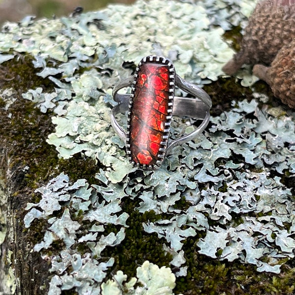 Rare Ammolite Fire Ring | Split Band Sterling Silver Ring