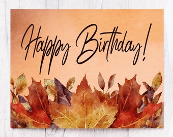 Autumn Leaf Happy Birthday Card - Fall Birthday Card with Metallic Antique Gold Envelope