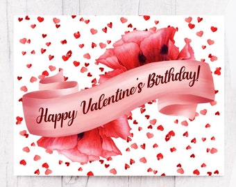 Pink Hearts and Poppy Petals Happy Valentine's Birthday Card