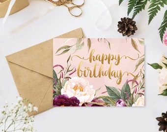 Carte joyeux anniversaire floral bouquet de pivoines