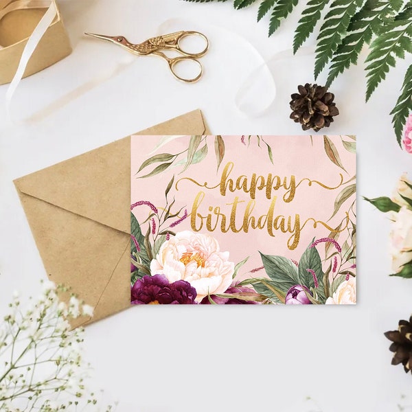 Peony Bouquet Floral Happy Birthday Card