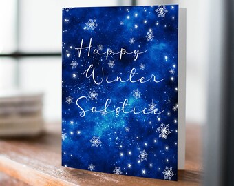 Happy Winter Solstice Snowy Sky Greeting Card with Metallic Grey Envelope