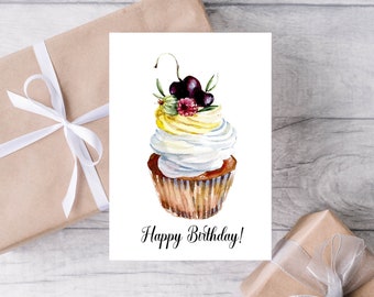 Simple Cupcake with Cherry on Top Happy Birthday Card with Burgundy Envelope