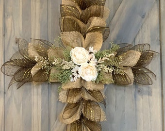 Burlap Cross Wreath: Boho Floral Door Decor