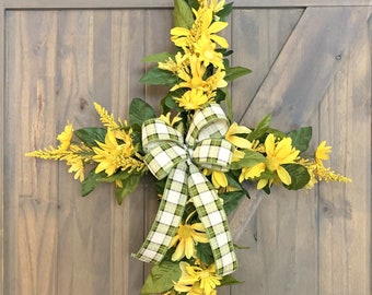 Cross Wreath, Easter Wreath, Spring Summer Wreath, Front Door, Daisy Wreath, Vibrant Yellow, Front Door Wreath, Gift, Faith Wreath, Gingham
