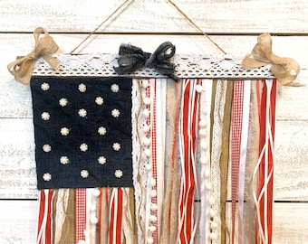 Handmade Shabby Chic Rag Flag: Patriotic Boho Wall Hanging