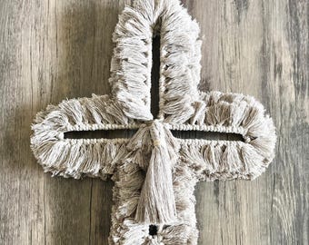 Handmade Macrame Cross Wreath: Boho Fiber Art with Tassels