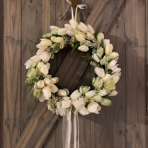 Handmade Tulip Wreath: Cream & White Spring Door Decor
