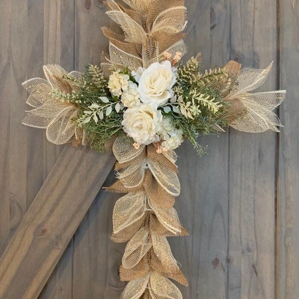 Cross Wreath, Easter Wreath, Spring/Summer Wreath, Front Door Decor, Rugged Cross, Boho Style Wreath, Mesh Wreath, Burlap Wreath, Neutral