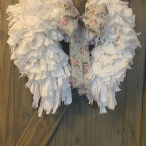 Angel Wings Shabby Chic Rag Wreath Rustic Art Deco Flour Sack Vintage Farmhouse Memorial Nursery Unique Country Cottage Heavenly Stylish image 8