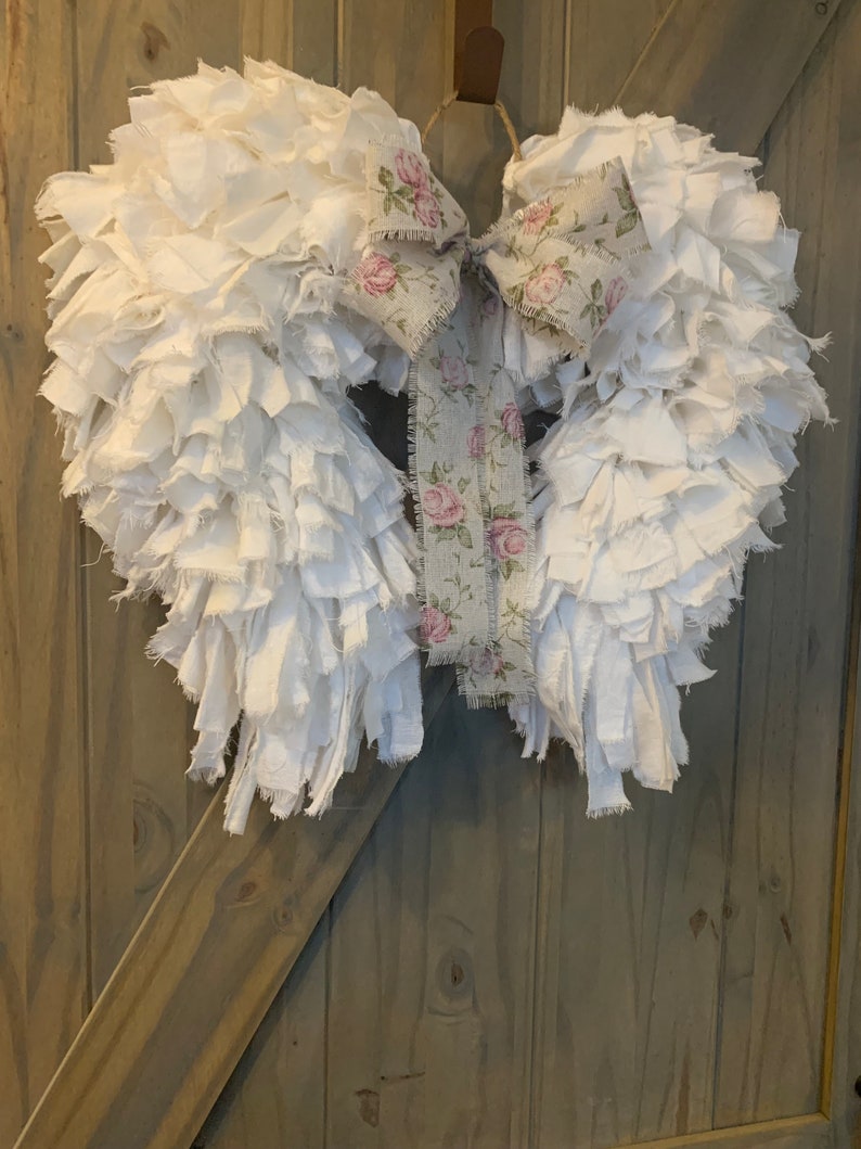 Angel Wings Shabby Chic Rag Wreath Rustic Art Deco Flour Sack Vintage Farmhouse Memorial Nursery Unique Country Cottage Heavenly Stylish image 8