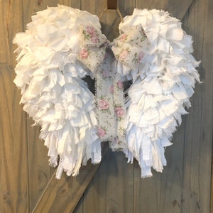 Angel Wings Shabby Chic Rag Wreath Rustic Art Deco Flour Sack Vintage Farmhouse Memorial Nursery Unique Country Cottage Heavenly Stylish image 9