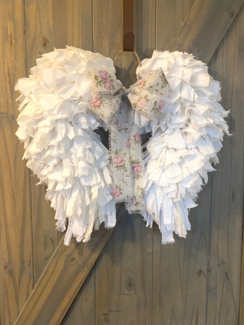 Angel Wings Shabby Chic Rag Wreath Rustic Art Deco Flour Sack Vintage Farmhouse Memorial Nursery Unique Country Cottage Heavenly Stylish image 9