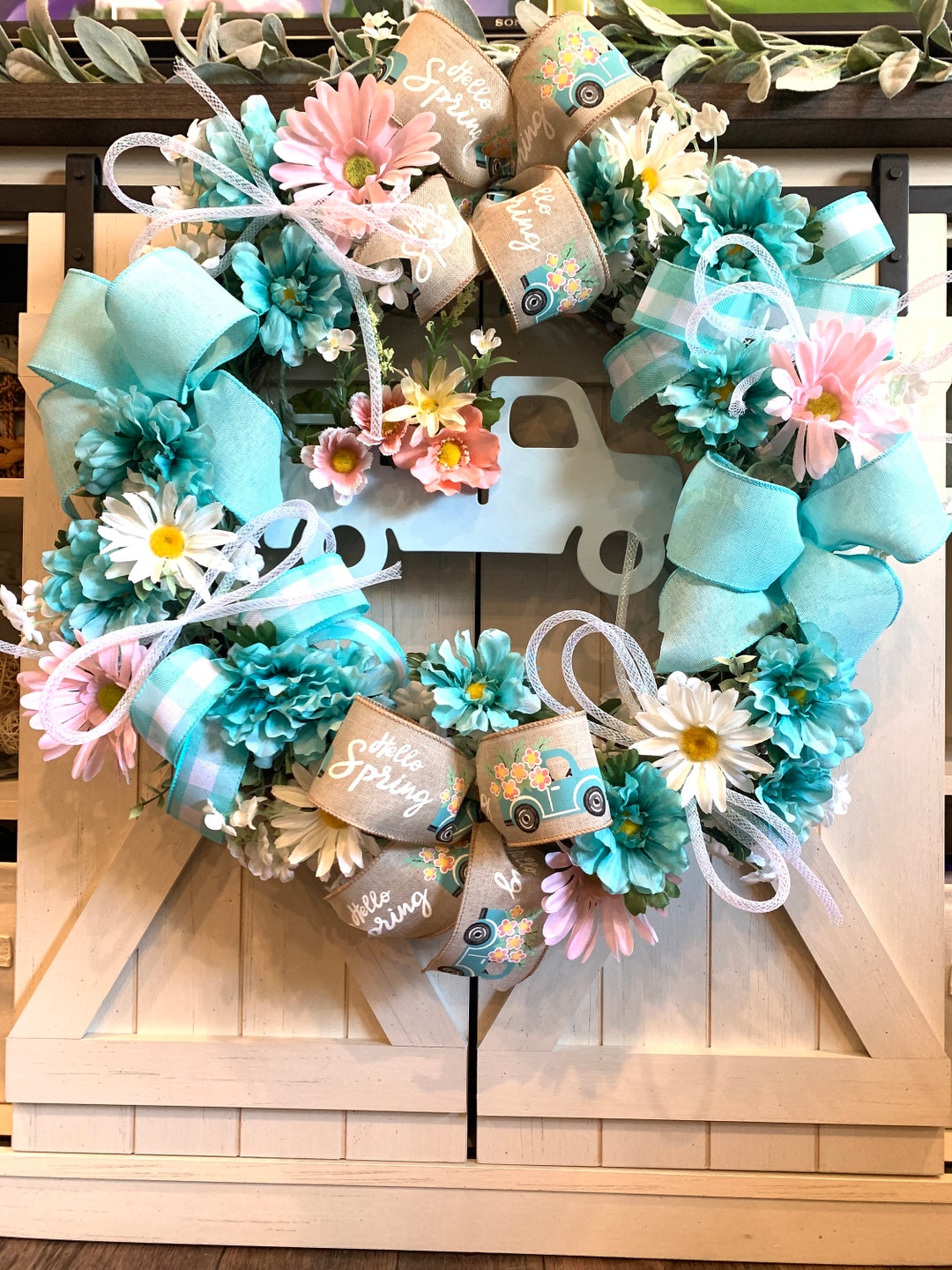 Hello Spring Summer Blue Daisy Garden Easter Wreath Mesh Etsy