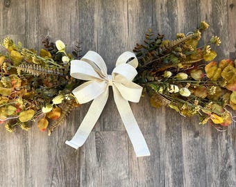 Rustic Fall Door Swag: Eucalyptus & Beige Bow, Farmhouse Autumn Decor