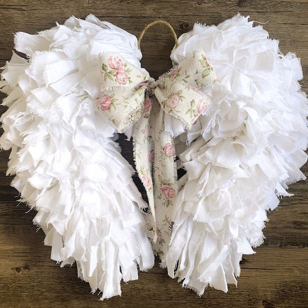 Angel Wings Shabby Chic Rag Wreath Rustic Art Deco Flour Sack Vintage Farmhouse Memorial Nursery Unique Country Cottage Heavenly Stylish