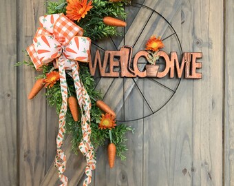 Carrot Wreath, Spring Wreath, Bicycle Wheel Wreath, She Shed Wreath, Easter Decor, Spring Decor, Orange Carrot Wreath Vintage Welcome Wreath