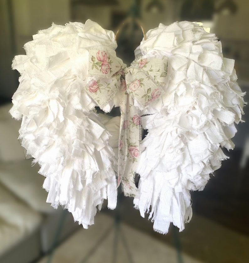 Angel Wings Shabby Chic Rag Wreath Rustic Art Deco Flour Sack Vintage Farmhouse Memorial Nursery Unique Country Cottage Heavenly Stylish image 2