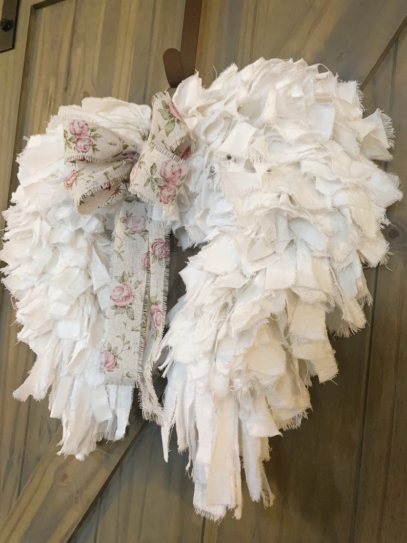 Angel Wings Shabby Chic Rag Wreath Rustic Art Deco Flour Sack Vintage Farmhouse Memorial Nursery Unique Country Cottage Heavenly Stylish image 6