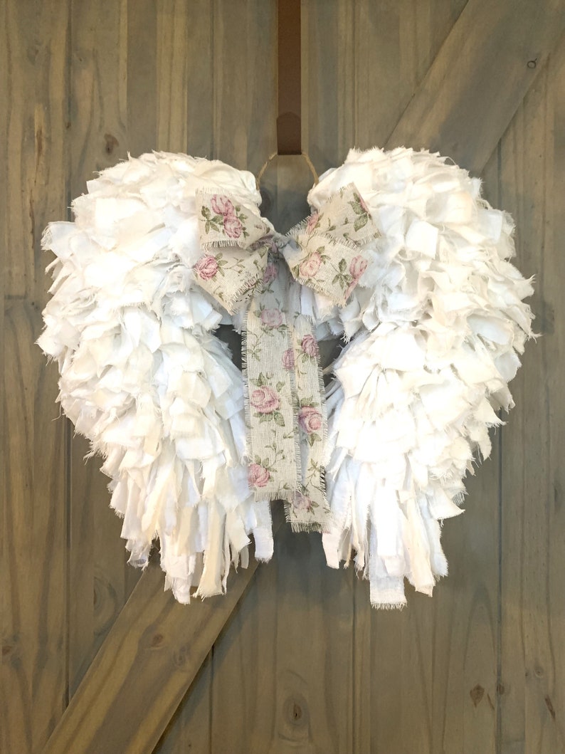 Angel Wings Shabby Chic Rag Wreath Rustic Art Deco Flour Sack Vintage Farmhouse Memorial Nursery Unique Country Cottage Heavenly Stylish image 4