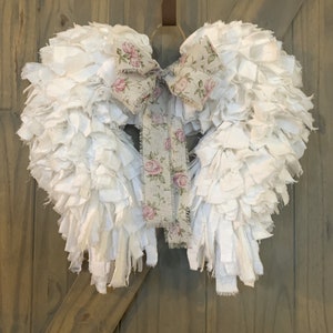 Angel Wings Shabby Chic Rag Wreath Rustic Art Deco Flour Sack Vintage Farmhouse Memorial Nursery Unique Country Cottage Heavenly Stylish image 3