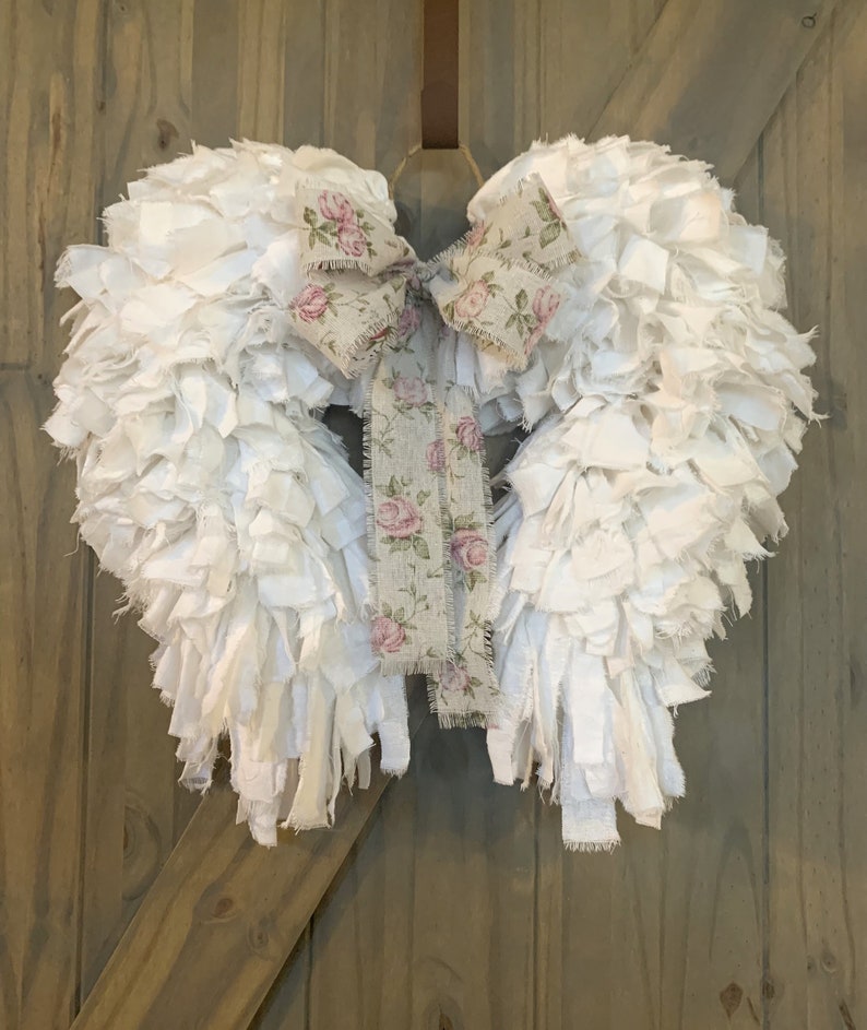 Angel Wings Shabby Chic Rag Wreath Rustic Art Deco Flour Sack Vintage Farmhouse Memorial Nursery Unique Country Cottage Heavenly Stylish image 3