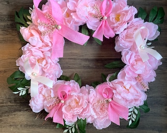 Breast Cancer Awareness Wreath, Pink Peony Ribbon Wreath, Hope Ribbon, Survivor Gift, Breast Cancer, Pink Burlap & Satin, Front Door Wreath