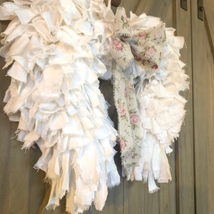 Angel Wings Shabby Chic Rag Wreath Rustic Art Deco Flour Sack Vintage Farmhouse Memorial Nursery Unique Country Cottage Heavenly Stylish image 5