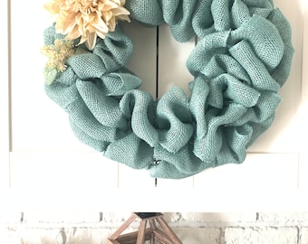 Teal Burlap Wreath: Farmhouse Dahlia Entryway Wall Decor