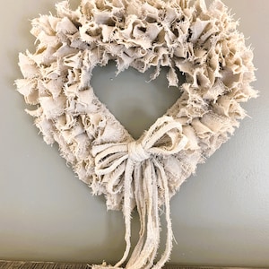 Shabby Chic Heart Rag Wreath Rustic Art Deco Canvas Vintage Farmhouse Love Nursery Unique Country Cottage Stylish Designer Wreath Handmade