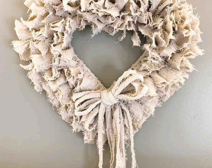 Heart Wreath Canvas Rag Wreath Shabby Coastal Rag Wreath - Etsy