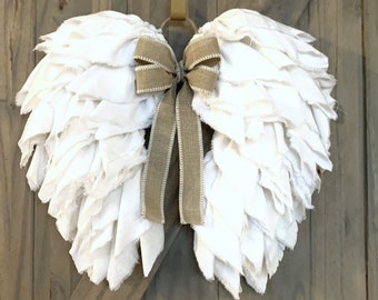 Angel Wings Rag Wreath: Shabby Chic Neutral Bow, Handmade