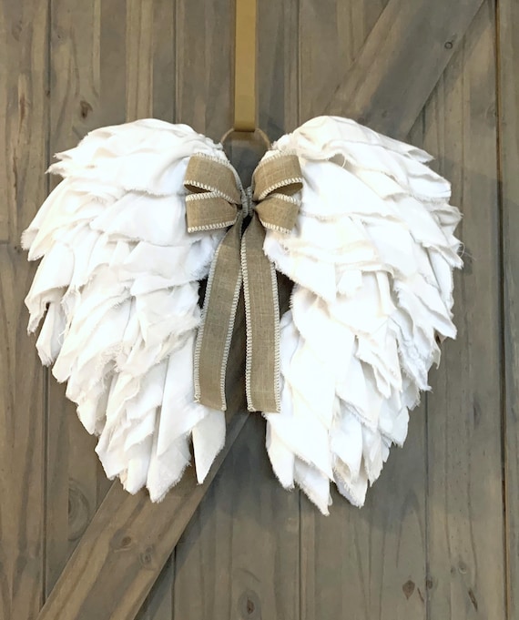 Angel Wings Rag Wreath: Shabby Chic Neutral Bow, Handmade