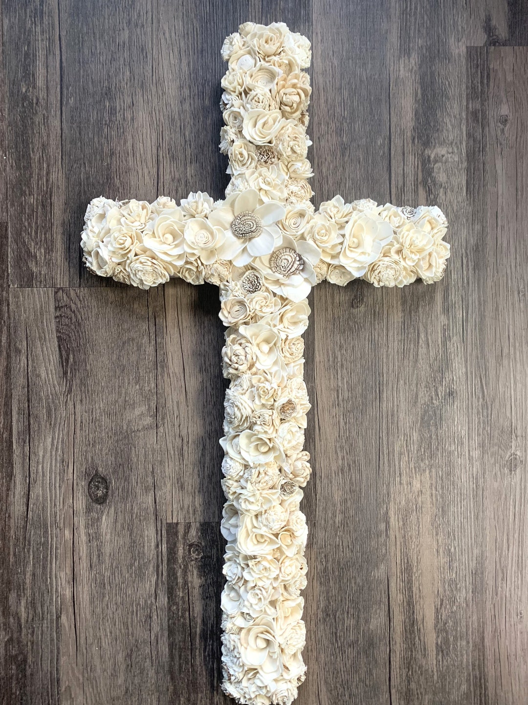 Sola Wood Flower Cross Wreath, Baptism, Wedding, Nursery Cross, Elegant