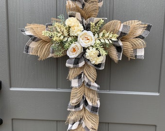 Burlap Cross Wreath: Buffalo Check, Boho Easter Decor
