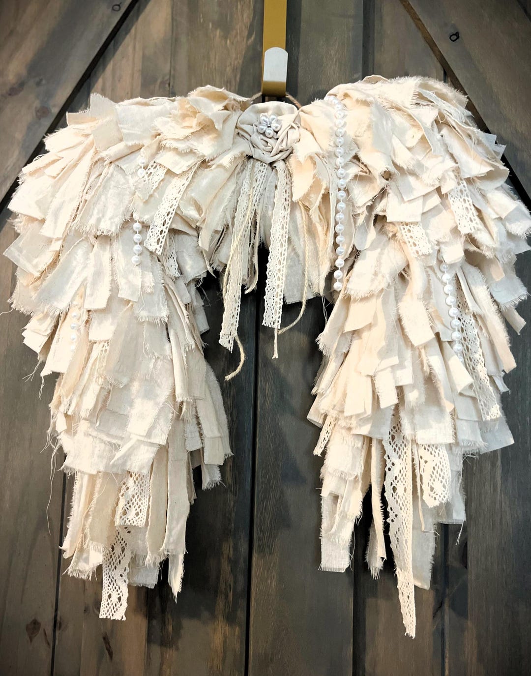 Shabby Chic Angel Wing Wreath: Tea-stained Cotton, Lace & Faux Pearls ...