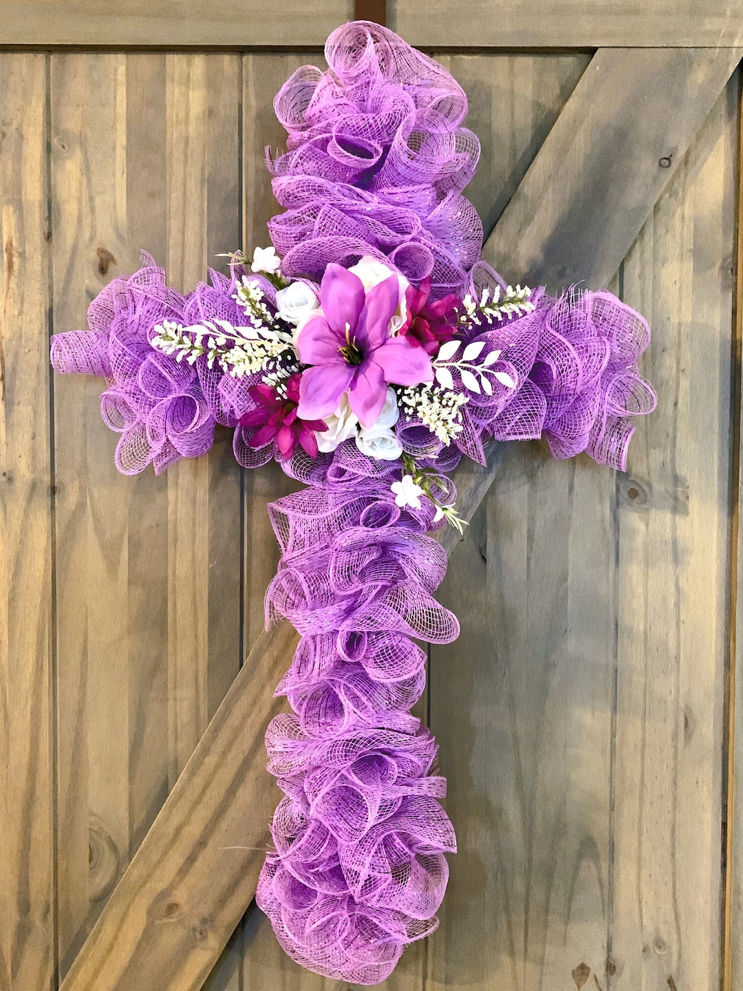Easter Rugged Cross Cross Wreath, Easter Wreath, Purple, Spring Decor, Lavender Mesh Wreath ...