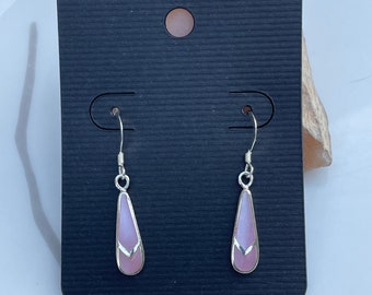 Pink Dyed Mother of Pearl Sterling Silver Drop Earrings, Simple Jewelry, Pink Earrings