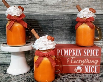 Mini Pumpkin Spice Mason Jar with Faux Whipped Topping, Fall Tiered Tray Decor