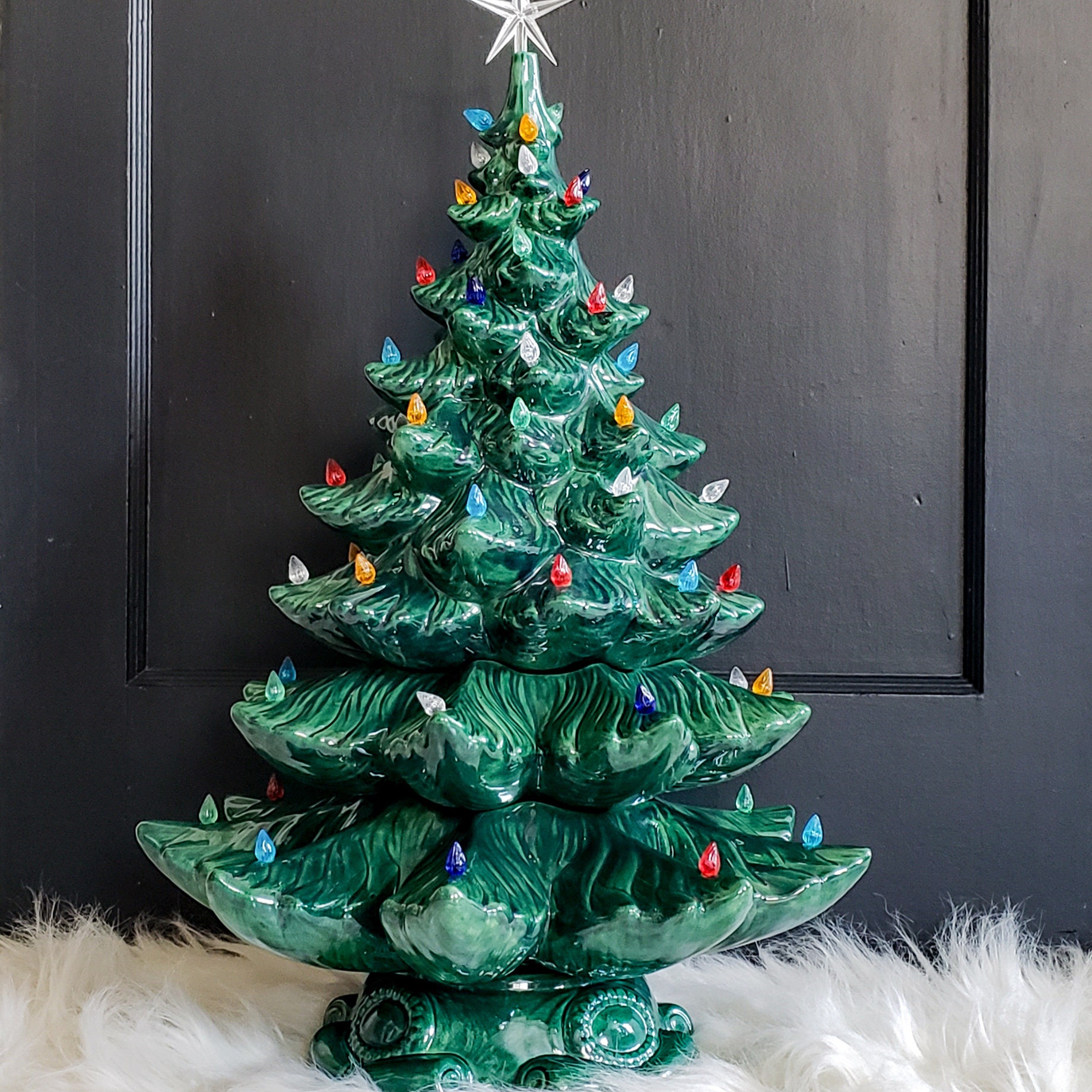 Ceramic Christmas Tree with Cardinal Lights - Green