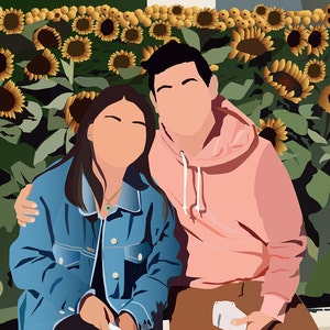 May include: A couple poses in front of a field of sunflowers. The woman is wearing a blue denim jacket and the man is wearing a pink hoodie. They are both smiling.
