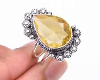 Anillo de cuarzo limón: piedra preciosa de plata de ley 925 hecha a mano